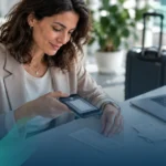 Dipendente che fotografa uno scontrino con lo smartphone per la nota spese, con laptop e valigia sulla scrivania